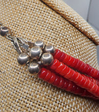 Load image into Gallery viewer, Four Stranded Red Coral Heishi Bead Necklace Trimmed in Sterling Silver With Adjustable Clasp
